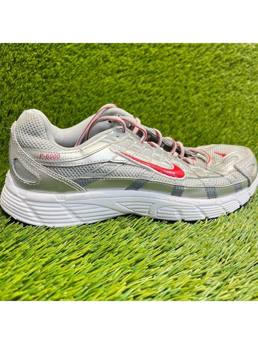 Nike P-6000 Boys Size 6Y Silver Gray Red Athletic Running Walking Shoes Sneakers